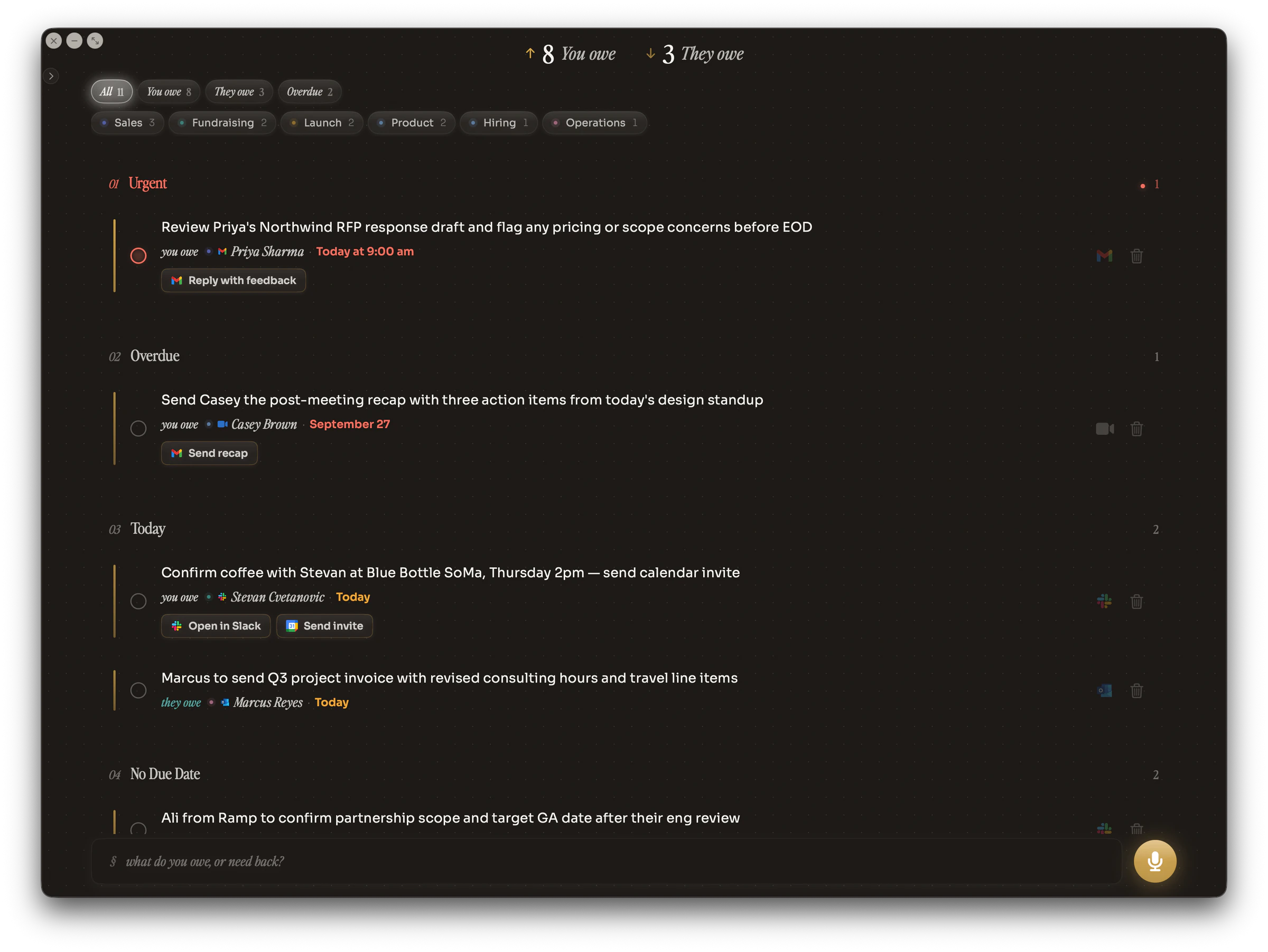 The Zethos app on macOS, listing what you owe and what you are owed