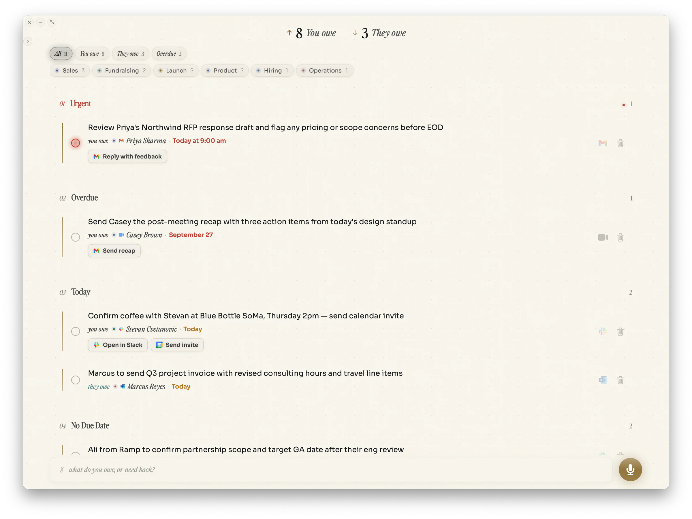 The Zethos app on macOS, listing what you owe and what you are owed